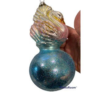 Vintage Christopher Radko Swan Blue Lake Glitter Ball Ornament 7 "